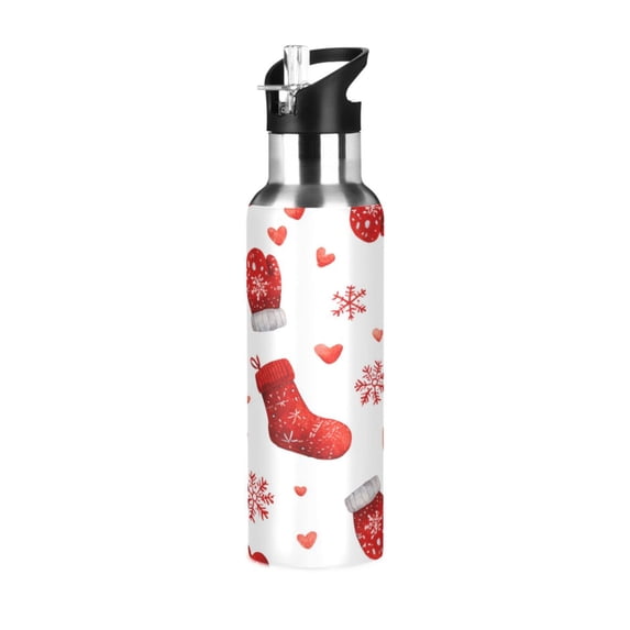 600ML Transparent Sports Water Bottle with Handle & Straw Portable Water Bottle for Outdoor Camping Gym Christmas Socks and Gloves Pattern