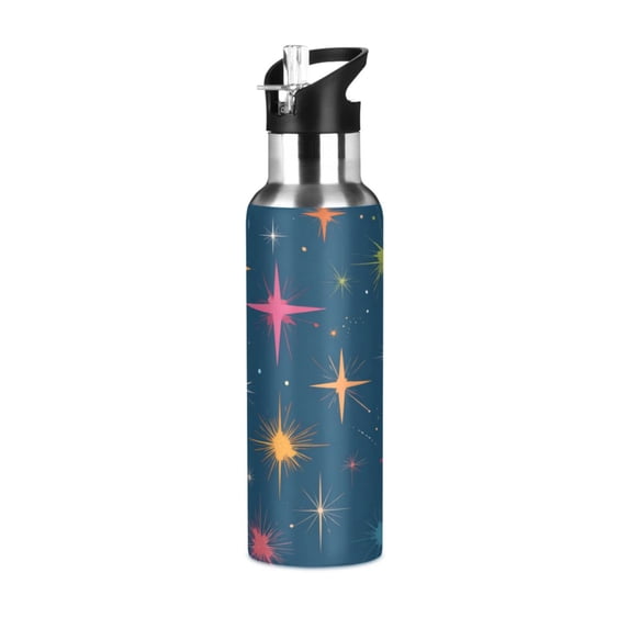 600ML Transparent Sports Water Bottle with Handle & Straw Portable Water Bottle for Outdoor Camping Gym Colorful Stars Pattern