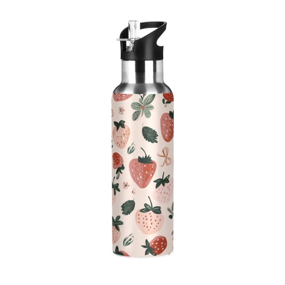 600ML Transparent Sports Water Bottle with Handle & Straw Portable Water Bottle for Outdoor Camping Gym Cute Pinks Strawberries