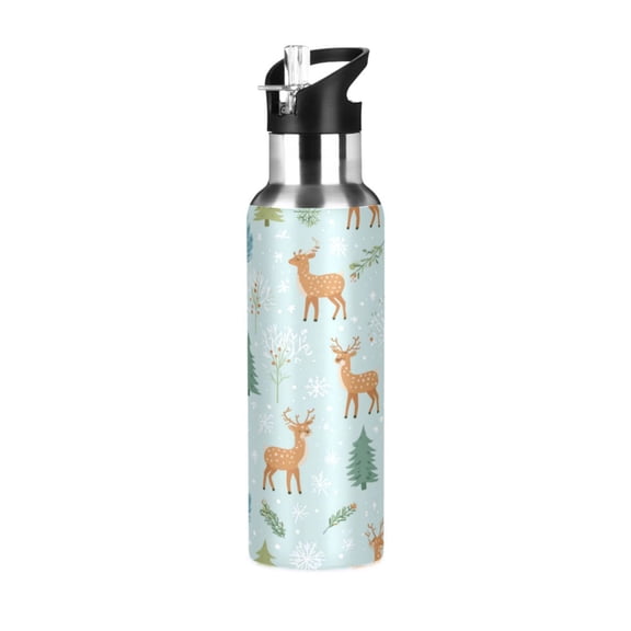 600ML Transparent Sports Water Bottle with Handle & Straw Portable Water Bottle for Outdoor Camping Gym Deer and Pine Trees Pattern