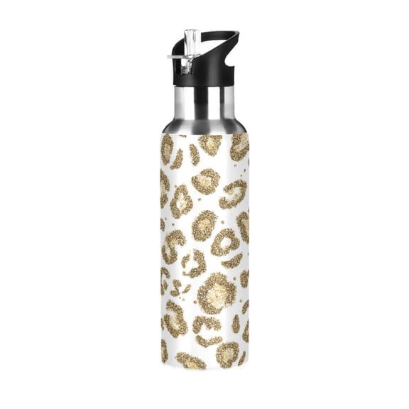 600ML Transparent Sports Water Bottle with Handle & Straw Portable Water Bottle for Outdoor Camping Gym Gold Leopard Print Pattern