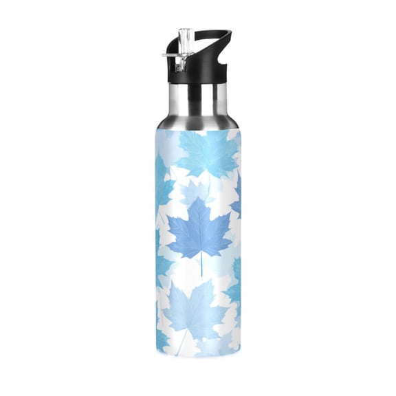 600ML Transparent Sports Water Bottle with Handle & Straw Portable Water Bottle for Outdoor Camping Gym Light Blue Maple Leaves