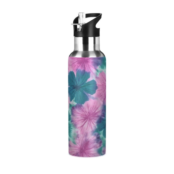 600ML Transparent Sports Water Bottle with Handle & Straw Portable Water Bottle for Outdoor Camping Gym Pink and Teal Tie-dye
