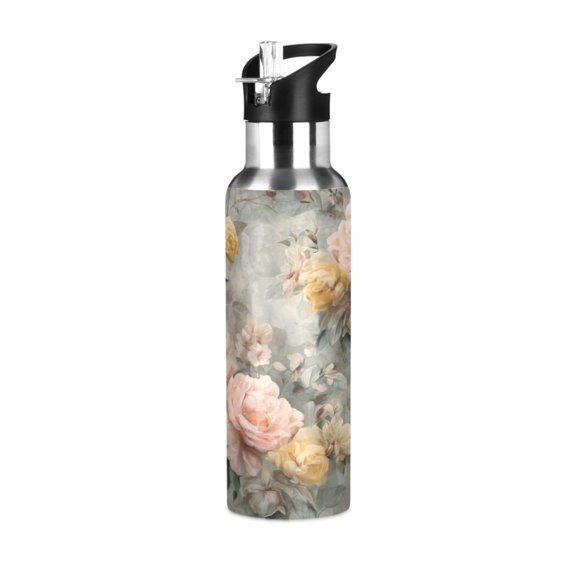600ML Transparent Sports Water Bottle with Handle & Straw Portable Water Bottle for Outdoor Camping Gym Scattered Birds and Flowers
