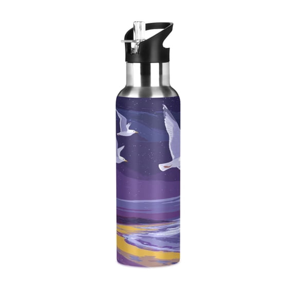 600ML Transparent Sports Water Bottle with Handle & Straw Portable Water Bottle for Outdoor Camping Gym Seagulls and The Beach