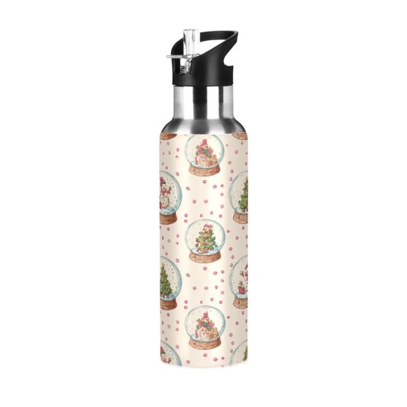 600ML Transparent Sports Water Bottle with Handle & Straw Portable Water Bottle for Outdoor Camping Gym Snow Globe Pattern
