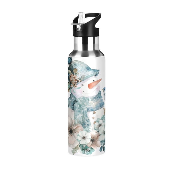 600ML Transparent Sports Water Bottle with Handle & Straw Portable Water Bottle for Outdoor Camping Gym Snowman with Flowers Bird