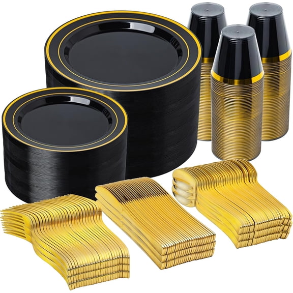 600PCS Black and Gold Plastic Dinnerware Set, Disposable Plastic Plates Includes 100 Dinner Plates, Dessert Plate, Cups, Spoons, Forks, Knives for 100 Guests, Perfect for Party, Wedding, Birthday