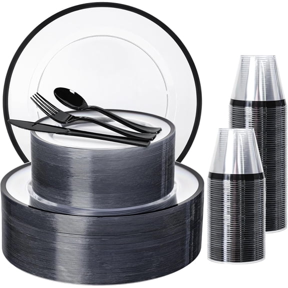 600PCS Clear and Black Disposable Plates Set, Heavy Duty Plastic Dinnerware Set for 100 Guests Includes 100 Dinner & Dessert Plates, Cups, Spoons, Forks, and Knives, Perfect for Parties, Weddings
