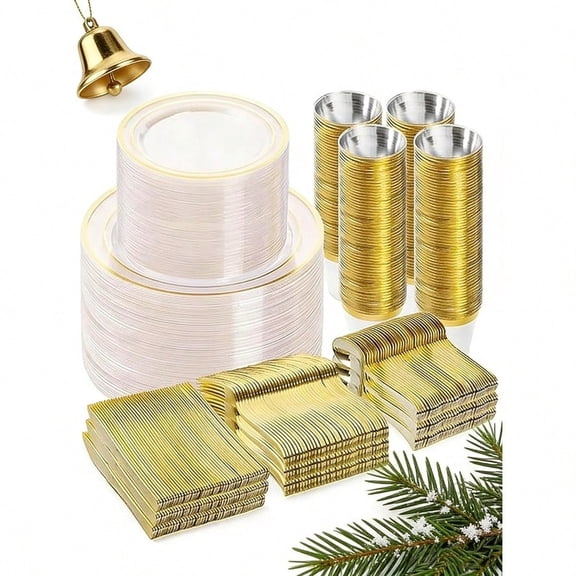 600PCS Clear Gold Dinnerware Set for 100 Guests Plastic Plates for Party Christmas and New Year 100 Disposable Plates 100 Dert Plates 100 Cups 100 Spoons 100 Forks and 100 Knives