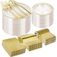thumbnail image 1 of 600PCS Clear Gold Plastic Plate Set (100 Guests), Plastic Plates for Party Wedding Birthday, Disposable Dinnerware Set of 200 Plates, 200 Forks, 100 Spoons, 100 Knives for Christmas, 1 of 8
