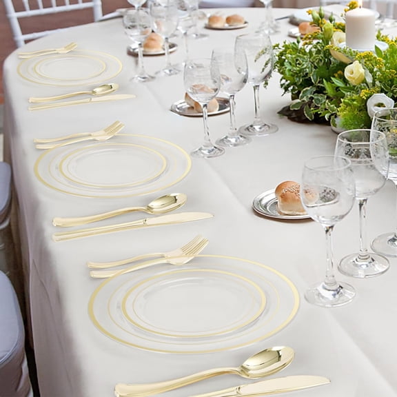 600PCS Clear Gold Plastic Plate Set (100 Guests), Plastic Plates for Party Wedding Birthday, Disposable Dinnerware Set of 200 Plates, 200 Forks, 100 Spoons, 100 Knives for Christmas