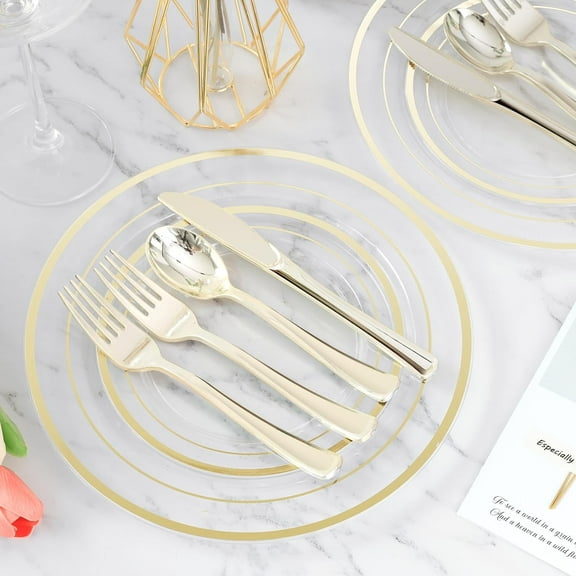 600PCS Clear Gold Plastic Plate Set (100 Guests)