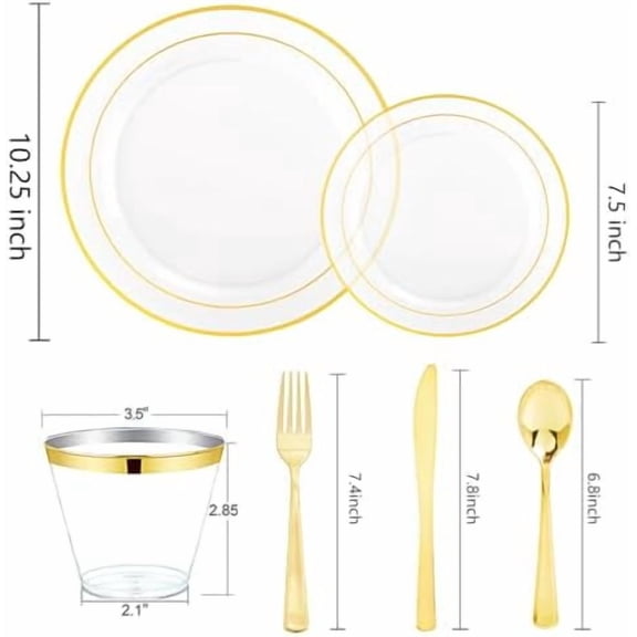 600PCS Clear Plates with Gold Trim - Clear Gold Dinnerware Set Disposable Include 100 Dinner/100 Dessert Plates, 100 Knives, 100 Forks, 100 Spoons, 100 Cups for Wedding, Party