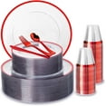 thumbnail image 1 of 600PCS Clear and Red Disposable Plates Heavy Duty Plastic Dinnerware Set for 100 Guests Includes 100 Dinner Dert Plates Cups Spoons Forks and Knives Perfect for Parties Weddings, 1 of 12