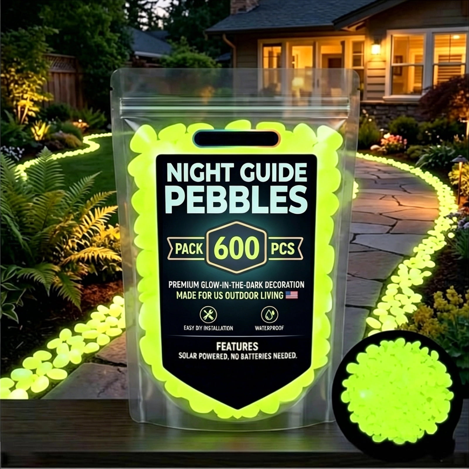 600PCS Colorful Glow-in-the-Dark Garden Stones - Luminous Pebbles for ...