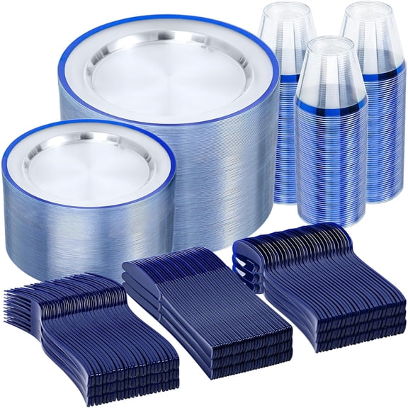 600PCS Disposable Plastic Plates, Blue Plastic Dinnerware Set Includes 100 Dinner Plates, Dessert Plate, Cups, Spoons, Forks, Knives for 100 Guests, Perfect for Party, Wedding, Birthday