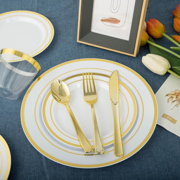 600PCS Disposable Plastic Plates Gold Dinnerware Set for 100 Guests Party Wedding Birthday
