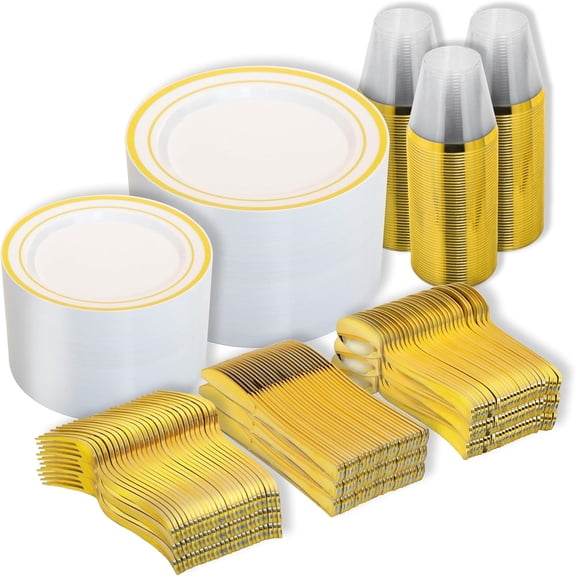 Disposable Plastic Plates, Gold Plastic Dinnerware Set Includes 100 Dinner Plates, Dessert Plate, Cups, Spoons, Forks, Knives for 100 Guests, Perfect for Party, Wedding, Birthday