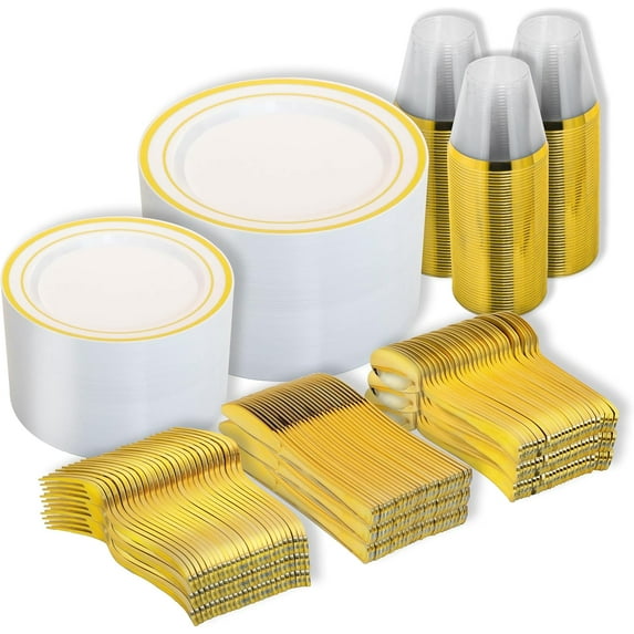 600PCS Disposable Plastic Plates, Gold Plastic Dinnerware Set Includes 100 Dinner Plates, Dessert Plate, Cups, Spoons, Forks, Knives for 100 Guests, Perfect for Party, Wedding, Birthday