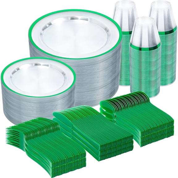 600PCS Green Plastic Dinnerware Set, Disposable Plastic Plates Includes 100 Dinner Plates, Dessert Plate, Cups, Spoons, Forks, Knives for 100 Guests, Perfect for Party, Wedding, Birthday