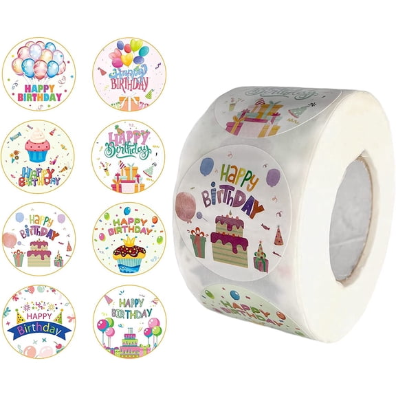600PCS Happy Birthday Stickers, 1.5 Inch Round Birthday Labels Roll with 8 Cute Designs, Self-Adhesive Party Stickers for Gift Bags, Candy Bags, Envelopes & Party Decorations