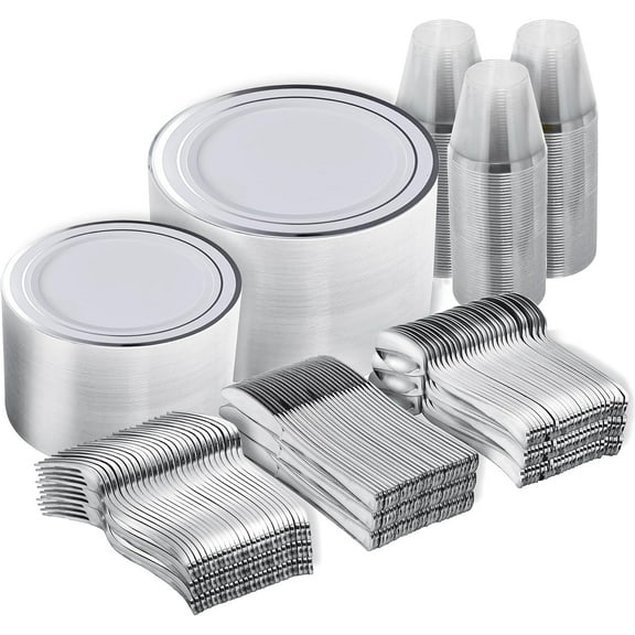 600PCS Silver Disposable Plastic Plates, Silver Plastic Dinnerware Set Includes 100 Dinner Plates, Dessert Plate, Cups, Spoons, Forks, Knives for 100 Guests, Perfect for Party, Wedding, Birthday