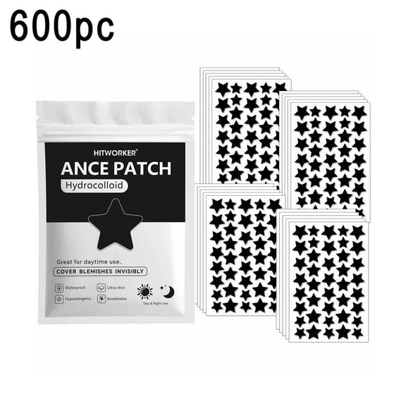 600PCS Ultra-Thin Invisible Acne Patches, Star Hydrocolloid Patches for Breakouts, Star Patches for Face, Suit Various Blemish, Cute Spot Stickers Invisible Zit Absorbing - Black