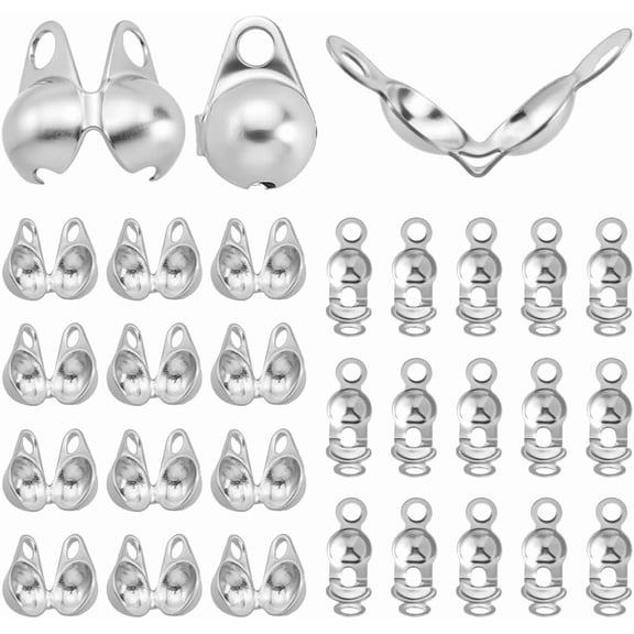 600Pcs 2 Styles Bead Tips Knot Covers 304 Stainless Steel Crimp Covers Smooth Fold-Over Bead Tips Calotte Ends Clamshell Knot Cover Open Endcaps for Necklace Bracelet Jewelry Making gray