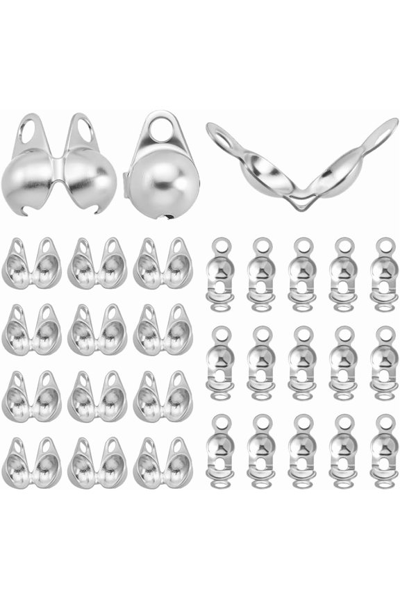 600Pcs 2 Styles Bead Tips Knot Covers 304 Stainless Steel Crimp Covers Smooth Fold-Over Bead Tips Calotte Ends Clamshell Knot Cover Open Endcaps for Necklace Bracelet Jewelry Making