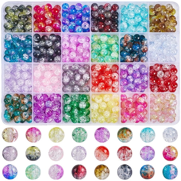 600Pcs 24 Styles Round Transparent Crackle Acrylic & Glass Beads Findings Kits Mixed Color 8mm Hole: 1.3~1.8mm 25pcs/style DIY