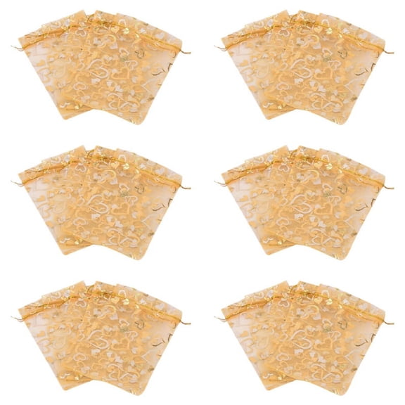 600Pcs 9X12cm Sheer Drawstring Heart Organza Jewelry Pouches Wedding Christmas Favor Gift Bags (Gold)