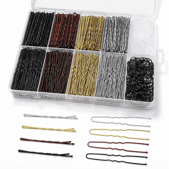 600Pcs Bobby Pins Bulk, 4 Colors Multicolor Hair Pins for Women Buns Wedding Styling, 2.36 Inch U-Shaped & Bobby Pins Set with Storage Box and Small Hair Ties (Black, Brown, Blonde, Silver)