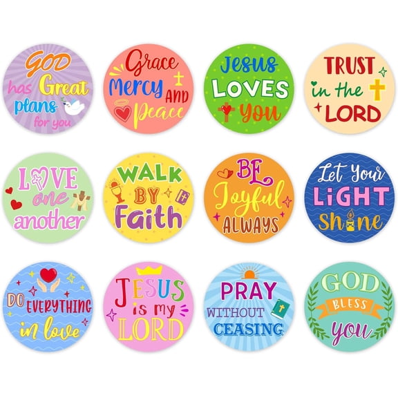 600Pcs Christian Bible Verse Stickers 12 Styles Round Cartoon Jesus Faith Stickers Inspirational Scripture Quote Label Decals for Cards Envelopes Seals Christmas Gifts, 1.5 Inch