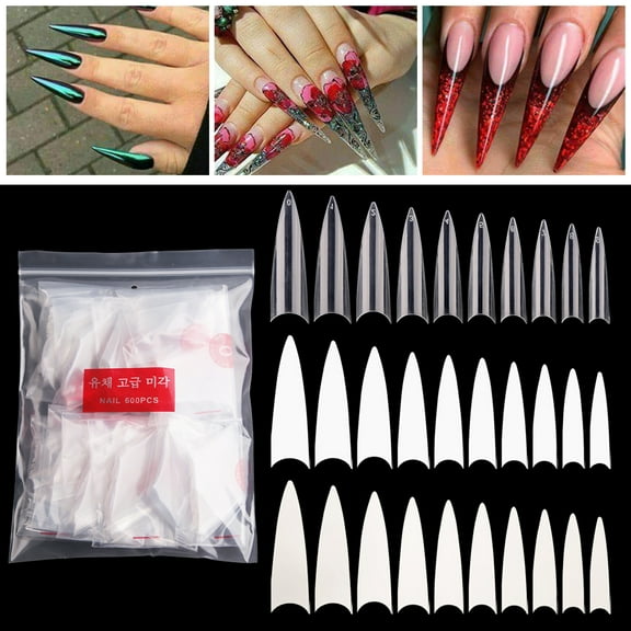 600Pcs Long Stiletto Nail Tips Set,Sharp Ending Fake Nail Art Tips 10 Sizes,French Acrylic False Nails Half Tips for DIY Salon Manicure Extension By