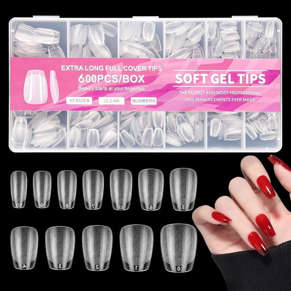 600Pcs Medium Square Nail Tips - 12 Sizes Soft Gel Full Cover Nails-Tips, Clear Acrylic False Press on Nail Tip, NAIL Extensions Kit for DIY Manicure Art Salon
