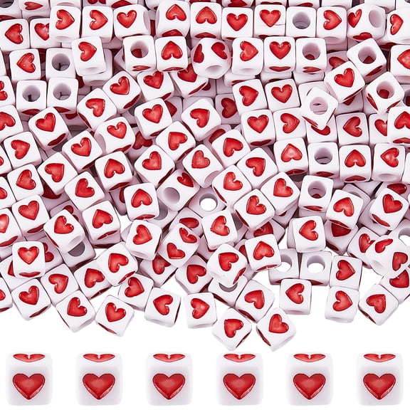 600Pcs Opaque Acrylic European Beads Large Hole Cube Beads with Heart Pattern Red 7x7x7mm Hole: 4mm DIY