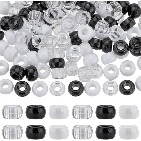 600Pcs Pony Beads Bulk 6x9mm Opaque Pony Beads Black White Plastic Bead Clear Transparent Pony Beads Kit Round Craft Beads for Jewelry Making Beading Kits DIY Bracelets Keychain Supplies