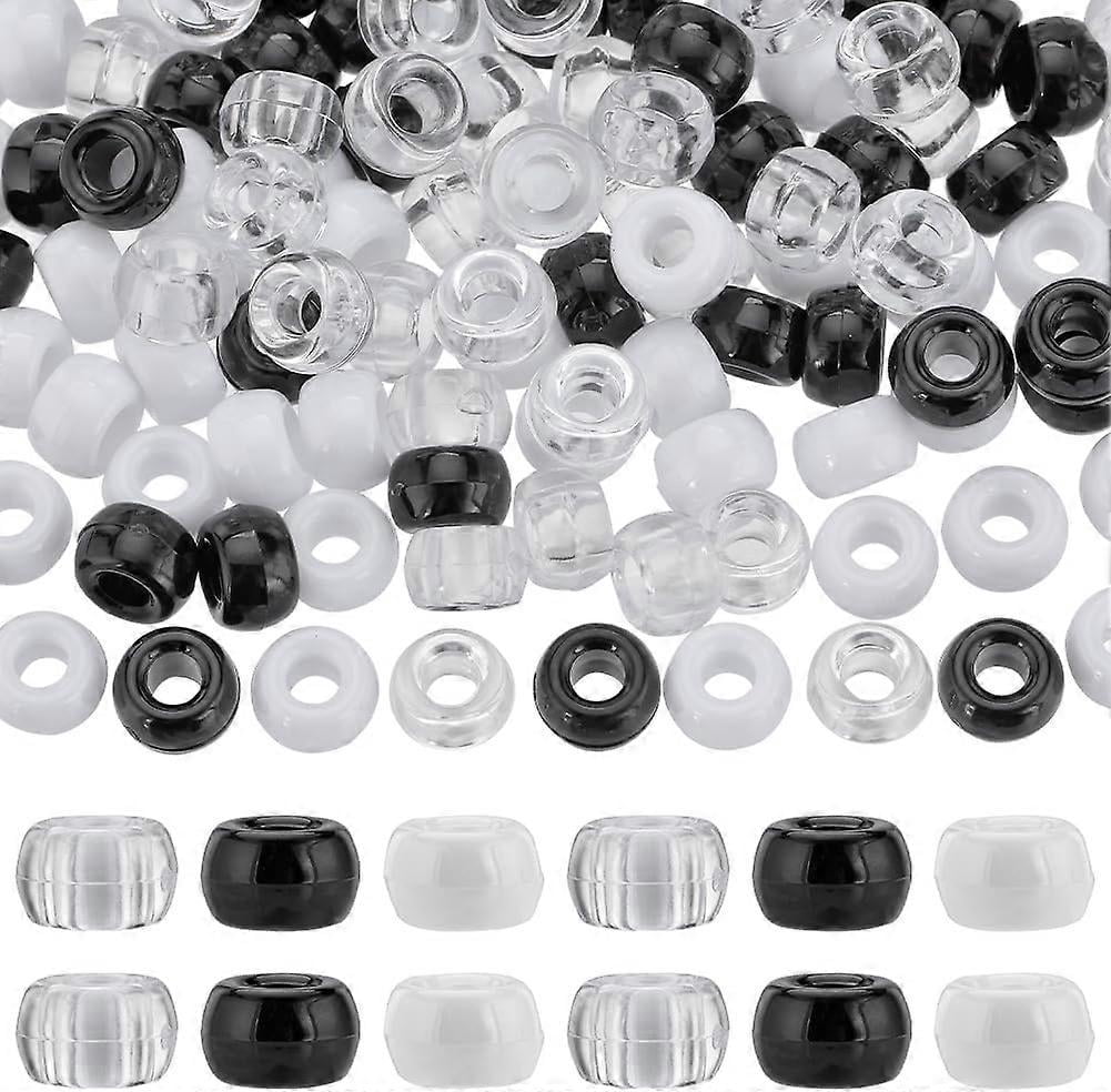 600Pcs Pony Beads Bulk 6x9mm Opaque Pony Beads Black White Plastic Bead Clear Transparent Pony Beads Kit Round Craft Beads for Jewelry Making Beading