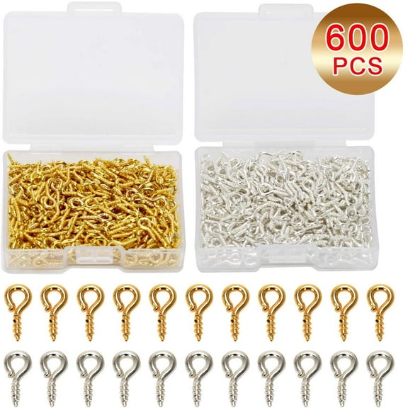600Pcs Small Screw Eye Pins, Eye pins Hooks, Eyelets Screw Threaded Silver Clasps Hooks Eye Screws for Jewelry Making (Silver&Golded)10mm x 4.5mm