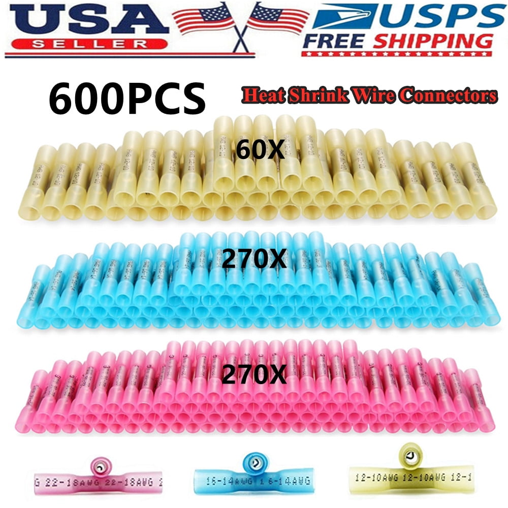 600Pcs Waterproof Heat Shrink Butt Wire Connectors Crimp Terminals 22-10 Gauge
