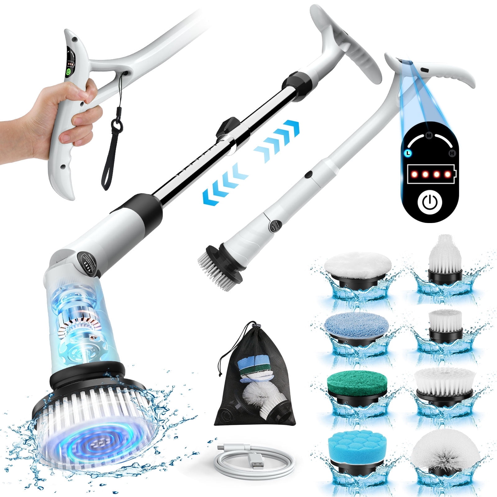 Amiluo Electric Spin Scrubber, 600 RPM Cordless Bathroom Cleaning Brush, 3 Speeds Power Scrubber with Adjustable Handle & 8 Replaceable Heads, Shower brush for Tub Tile Floor, A2/White
