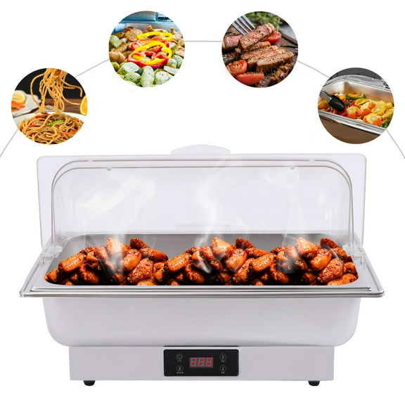 600W 110V Electric Chafing Dish Stainless Steel+PC Buffet Stove w/ Food Tray for Parties, Restaurants
