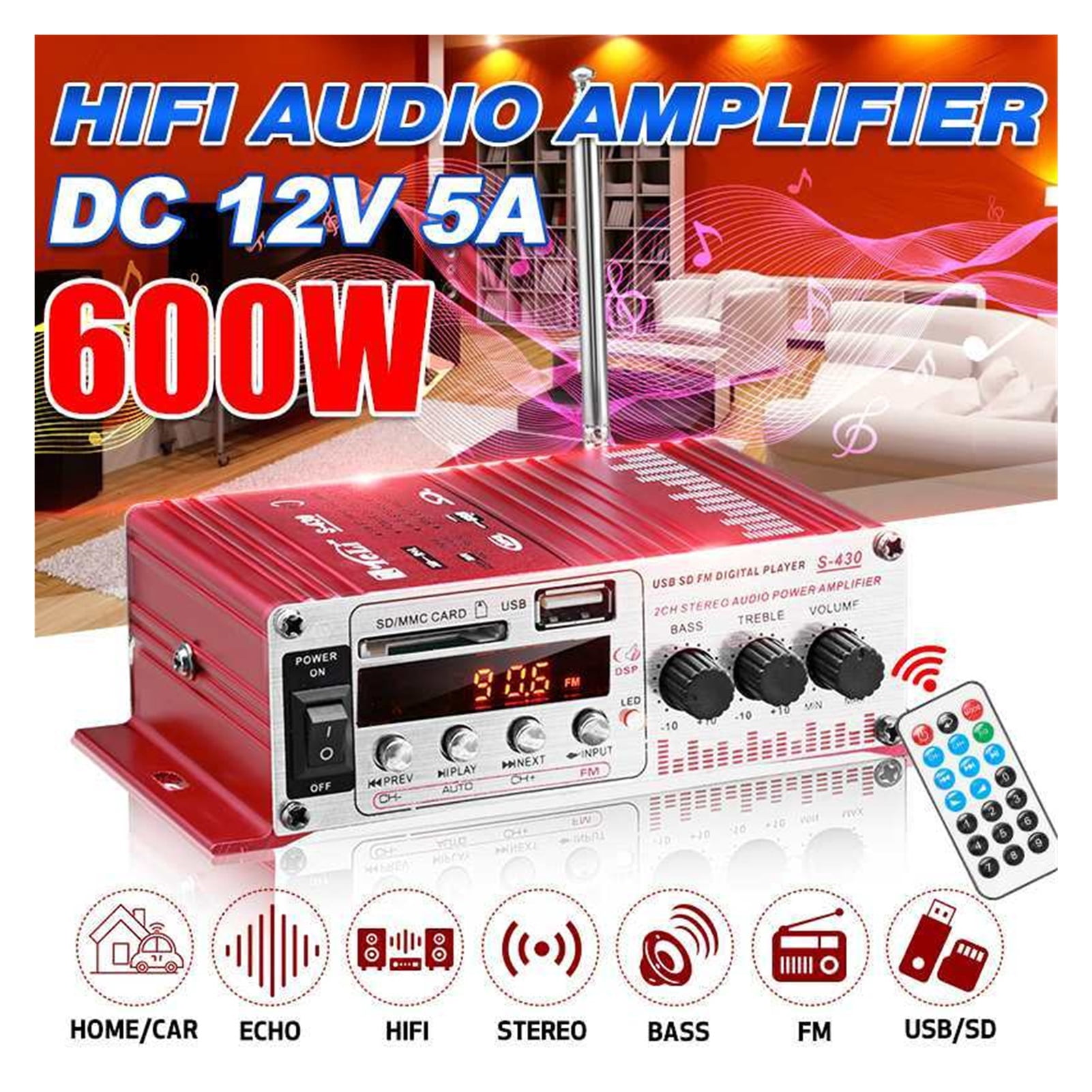 600W 2CH Home Car Digital Amplifiers Hifi Stereo Audio Bass Power Amplifier FM USB SD LED Subwoofer Loud Speaker ,Scalable Fun
