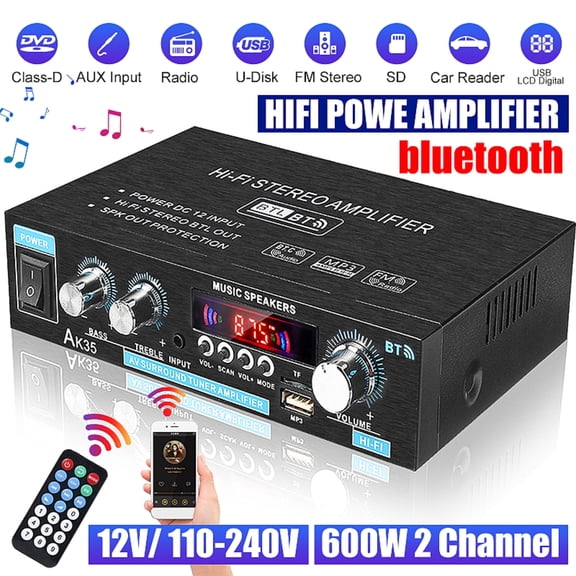 BlitzMax 600W Audio Amplifier Stereo Receiver 2.0 Channel Bluetooth LCD Display Bass Treble Remote Control USB TF MIC AUX Input for Home