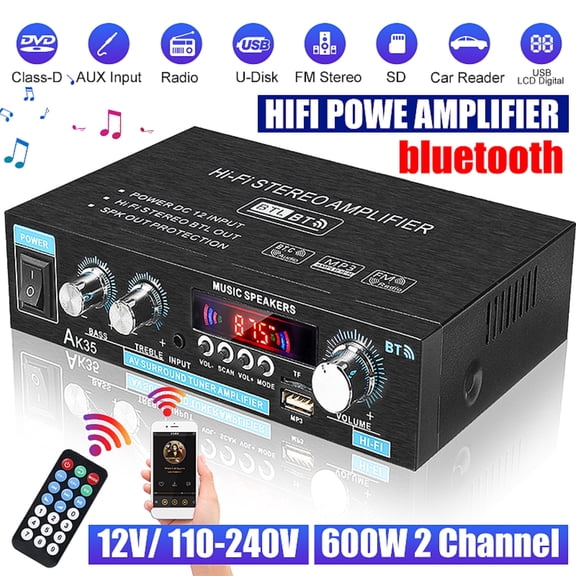 BlitzMax 600W Audio Amplifier Stereo Receiver 2.0 Channel Bluetooth LCD Display Bass Treble Remote Control USB TF MIC AUX Input