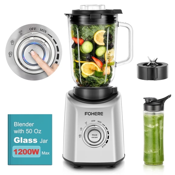 FOHERE Professional Countertop Blender, 50Oz Glass Jar, 1300W Peak Power, BPA-Free, Smoothie Maker with Presets & 5 Speeds, 20Oz Tritan to-go Cup, Ice Crusher for Home Use