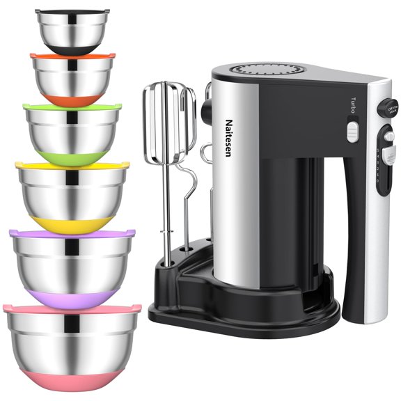 600W Electric Hand Mixer with 6 Piece Mixing Bowls with Airtight Lids Set, Mixer Electric Handheld Stainless Steel Metal Nesting Bowls Set for Kitchen Cooking Baking Y101