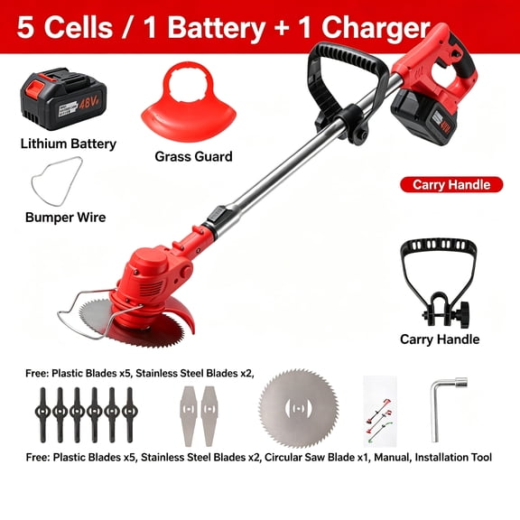 600W Electric Lawn Mower with Upgraded Wheels, Lithium Battery, and Multiple Blades - Efficient and Environmentally Friendly Weed Wacker,Red