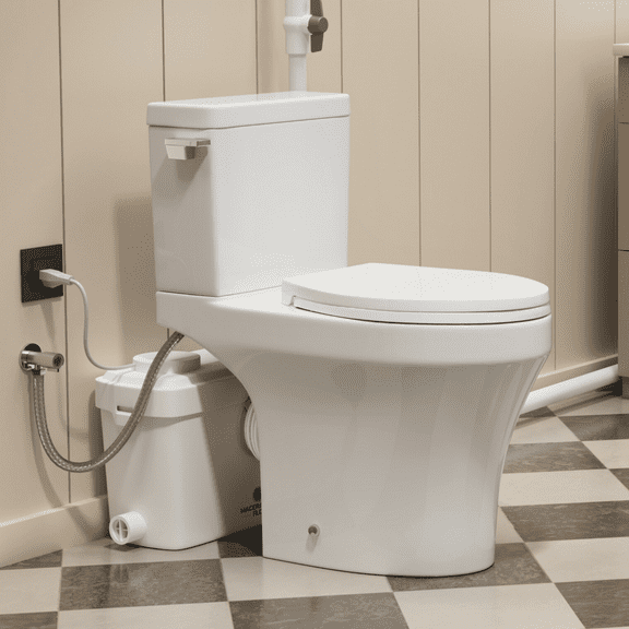 600W Macerating Toilet System, Upflush Pump for Basements, Rear Discharge & Versatile Operation, P-Trap Compatible